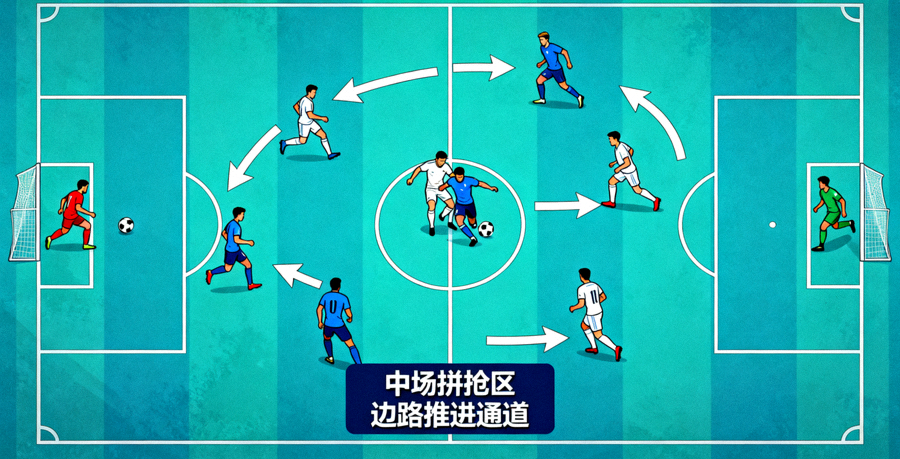 足球比赛中场拼抢与边路推进的战术画面，赛后复盘配图